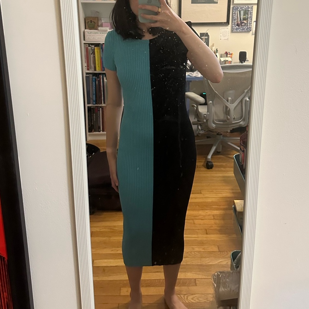 Staud Colleen Colorblock Teal and Navy Blue Ribbed Dress